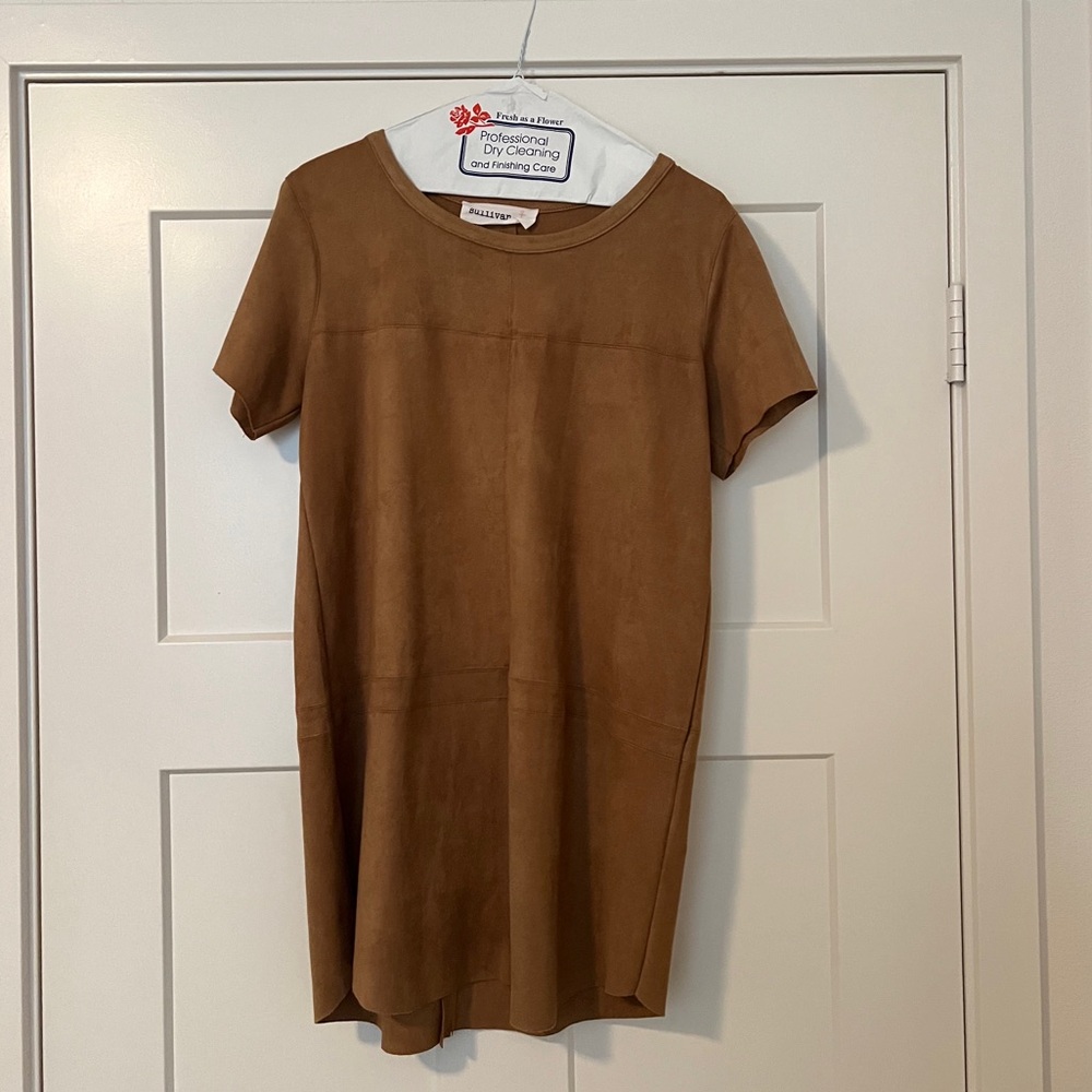 Vegan Suede Brown Short Sleeve Loose Mini Dress